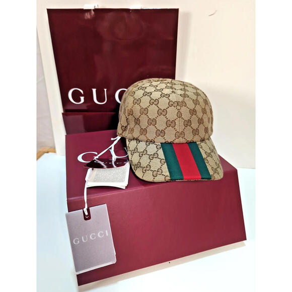 NWT! GUCCI Original GG Beige & Ebony canvas baseball hat with Web Stripe Size M - Picture 1 of 16